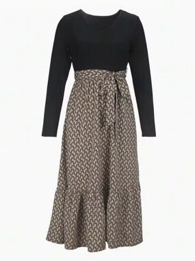 NWT Black and Beige Tie-Waist Long Sleeve Midi Dress